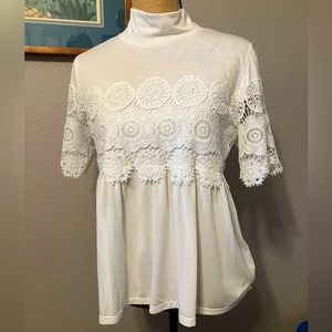 Eve & Maddie white lace bust short sleeve peplum empire mock neck blouse top